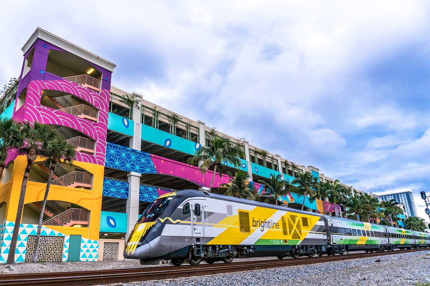 Brightly colored Brightline train